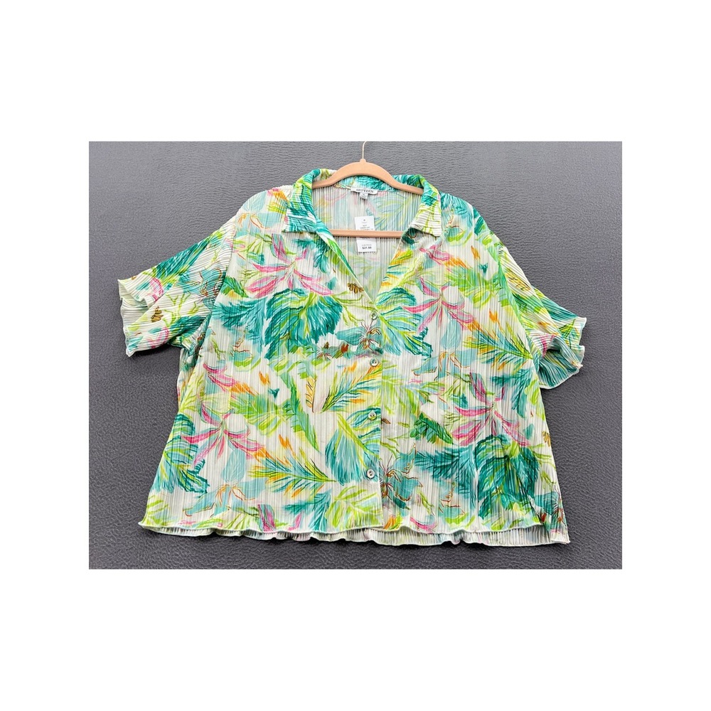 Artyzen Button Up Shirt Women's Sz. XL Aqua Green Pink Leaf Tropical Plisse NWT